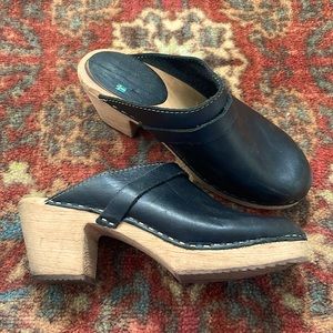 Lotta From Stockholm High Heeled Black Leather & Wood Clog in 40